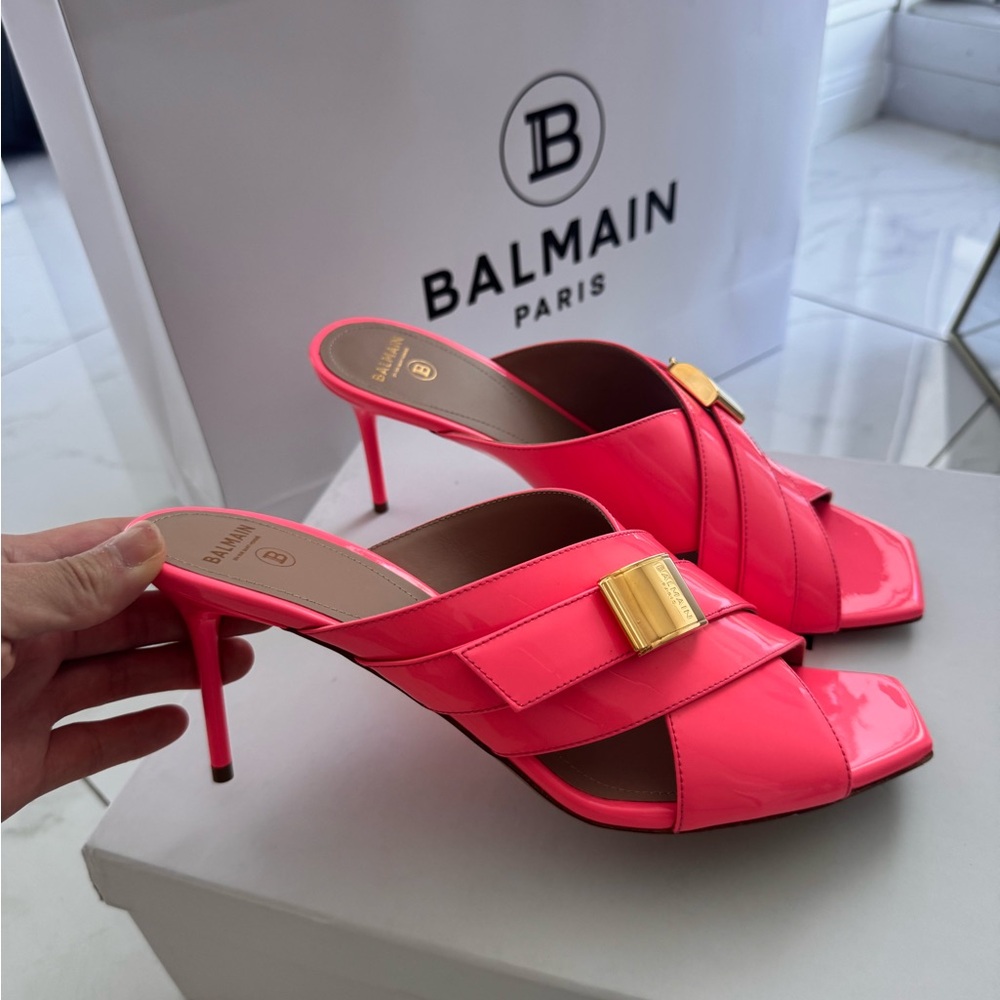 Balmain Neon Pink Heeled Mules